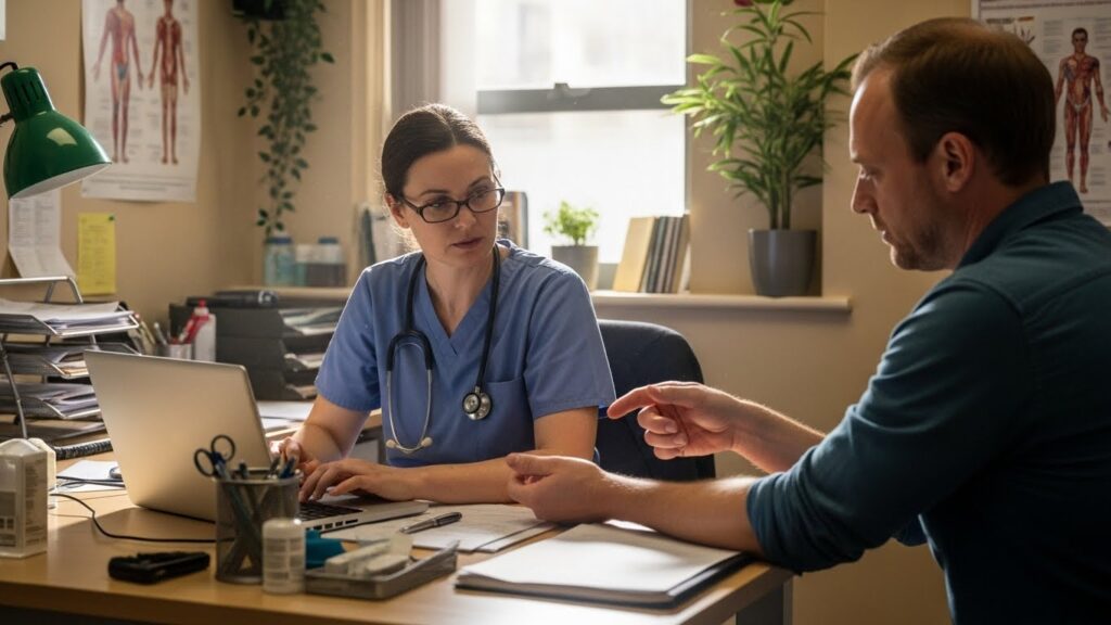 Patient discussing a persistent skin concern with a GP during a consultation